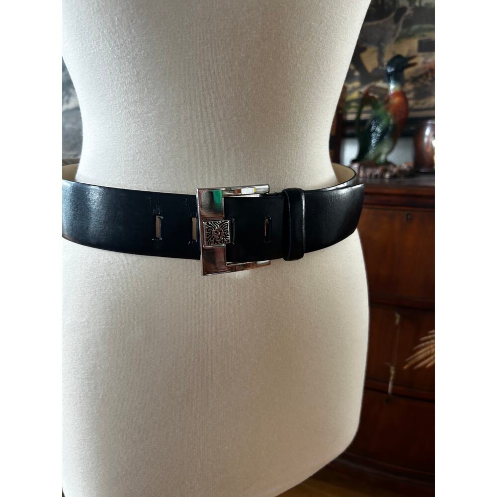 Vintage Anne Klein Black Leather Belt Silver Lion Buckle Minimalist 90s Small - Picture 4 of 6